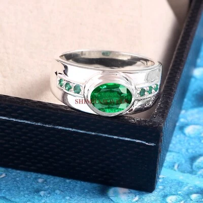 Labor Erstellt Smaragd Edelstein Mit 18K Weiß Vergoldet Silber Herren Ring #1860 - Bild 1 von 4