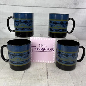 Arcoroc YUCATAN Aztec Blue Black France Tempered Glass 10 oz Cups Mugs Set of 4 - Picture 1 of 16
