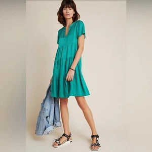 Anthropologie Maeve Green Textured V-Neck Tiered Tunic Dress Boho Style Size M - Picture 1 of 8