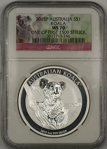 2015P First 1500 Struck Australia Koala Silver Dollar Coin NGC MS-70 Perfect GEM - Picture 1 of 2