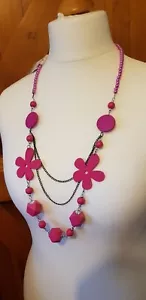 Pink Rose Blush Ladies Necklace Fuchsia Raspberry long silver flower bnwt - Picture 1 of 4