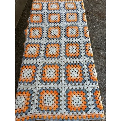 Handmade Granny Square Crochet Blanket Throw Orange Grey 56" X 32" Boho - Image 1 of 2