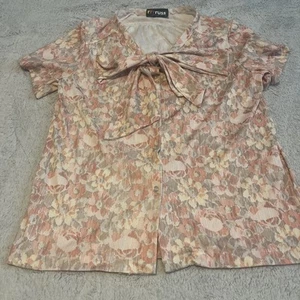VTG RRR Russ Women Blouse Medium Short Sleeve Pink Bow Tie Peaches Cream Geo - Picture 1 of 10