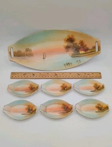 Vintage Nippon Japan Hand Painted Celery Serving Dish & 6 Salt Bowls Used - Picture 1 of 24