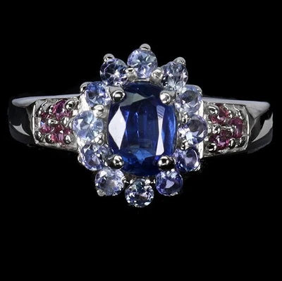 Anillo de plata de ley 925 ovalado cianita 7x5 mm rodolita tanzanita piedras preciosas tamaño 8 Foto 1 de 4
