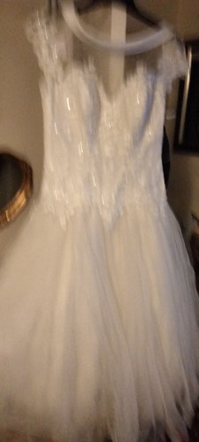 OFF WHITE Abito da sposa Opulence By Natalie M lunghezza tè bianco sporco taglia 12 nuovo