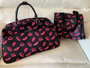 Lips Duffel Bag Set 2pc Pink & Black Gym Travel Weekender Bag and Tote