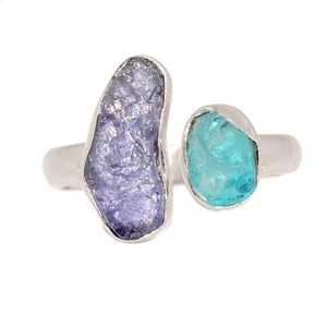 Natural Tanzanite Crystal & Neon Blue Apatite 925 Silver Ring s.8.5 CR72324 - Picture 1 of 1