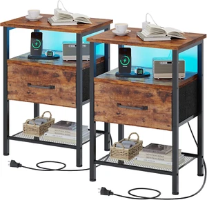 Night Stand Set 2, End Table with Charging Station, LED Bedside Table with Fabri - Picture 1 of 7