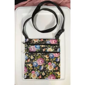 Colorful Floral Crossbody Purse 3 zippered compartments Size 11 x 9.5 Vinyl - Picture 1 of 7