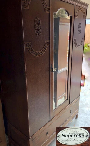 Oak Superoke Armoire 75"x47"x18" Arts & Crafts/ Art Deco period wardrobe ANTIQUE Cover
