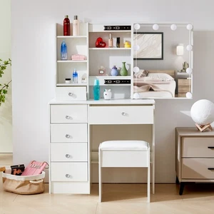 Vanity Set with Lighted Mirror 10 LED Bulbs Makeup Dressing Table Dresser Desk - Picture 1 of 11