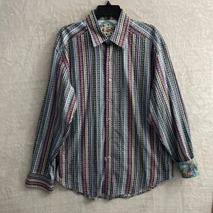 Camicia uomo Robert Graham bottoni multicolore righe XL cotone polsino infradito manica lunga - Foto 1 di 9