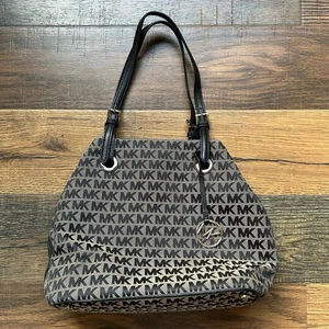 Michael Kors Large MK Logo Tote Shoulder Bag Brown Black Monogram Canvas Leather - Picture 1 of 11