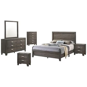 Rustic Gray Wood 6pc Bedroom Set in Cali King with Chest and 2 Nightstands - Picture 1 of 7