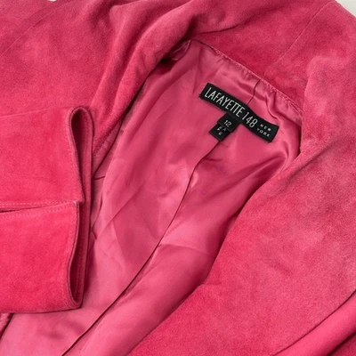 Lafayette 148 New York Suede Ruffle Peplum Jacket Women's 12 Pink Tie Front - Image 1 of 4