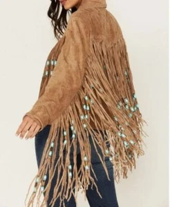 Damen Western-Stil Wildleder Ledermantel handgefertigt Fransen, Perlen Vintage Jacke - Bild 1 von 3
