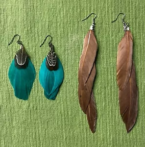 PENDIENTES PLUMAS NATURALES Dos Pares Perforados Verde Azulado-Negro y Largo Marrón Plumero *Boho* - Imagen 1 de 8