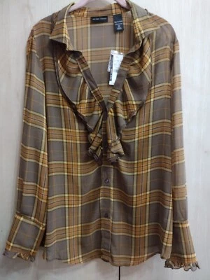 New Sheer Blouse New York & Company Shirt Top Brown And Gold Plaid Size 12 NWT - Image 1 of 4