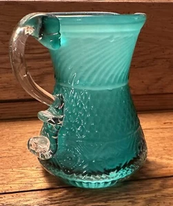 VTG Teal Bennington Pattern Pilgrim Blown Glass Creamer Pitcher Clear Handle - Picture 1 of 6