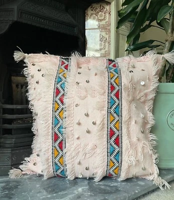 Blush Harmony: Soft Pink Handwoven Handira Wedding Cushion with Sequins - Image 1 of 4