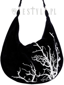 Restyle White Branches Sack Bag Velvet Hobo Tree Embroidery Handbag Goth Witch - Picture 1 of 4