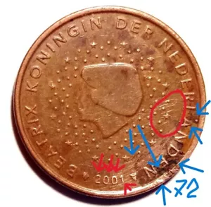 Niederlande, 5 Euro Cent, 2001 tolle sehr seltene Münzmarke beidseitig defekt - Bild 1 von 2
