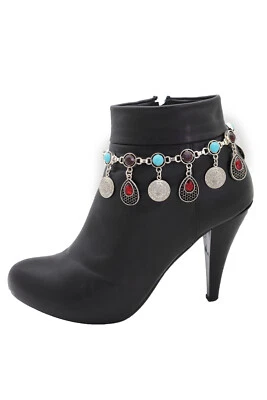 Donna Metallo Argento Stivale Catenina Scarpe Stile Vintage Moneta Acqua Drop - Immagine 1 di 4