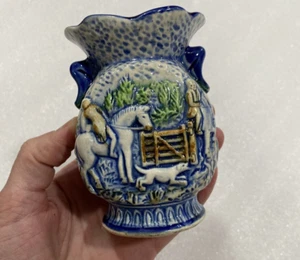 Vtg Small Japan Glazed Pottery Blue/White Hunting Scene Raised Texture Vase EUC - Picture 1 of 10