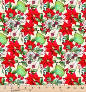 Peppermint Christmas Poinsettia and Pears Ecru 29660 E Half yd continuous cuts - Picture 1 of 1