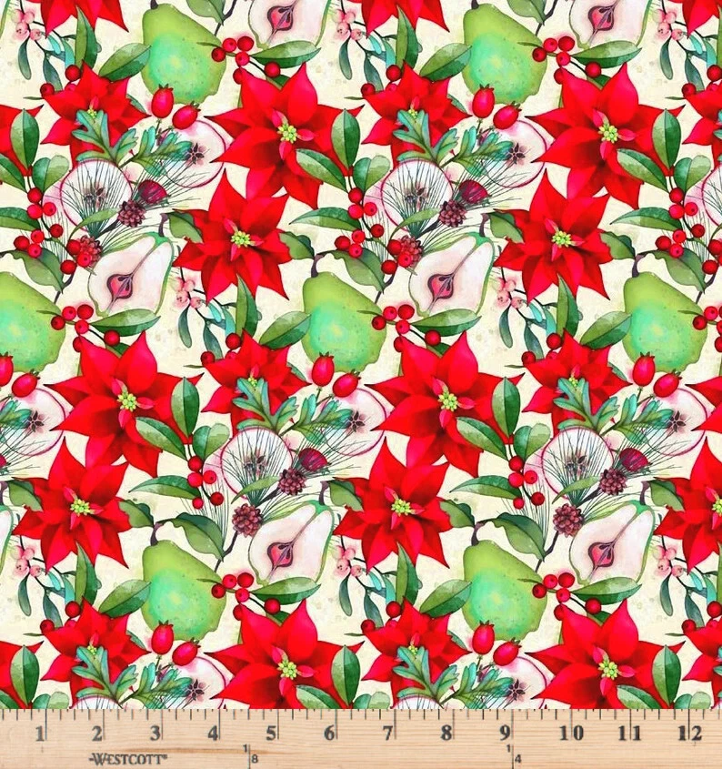 Peppermint Christmas Poinsettia and Pears Ecru 29660 E Half yd continuous cuts - Image 1 of 1