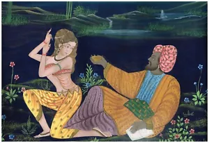 Pareja a la luz de la luna pintura de escena de amor arte indio sobre tela de seda 22x17 pulgadas - Imagen 1 de 7