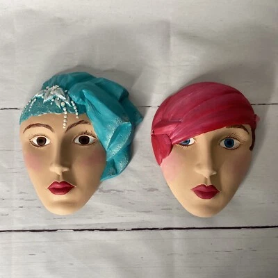 2 Máscaras de cerámica Art Deco de colección para dama decoración 7,5" H Foto 1 de 4