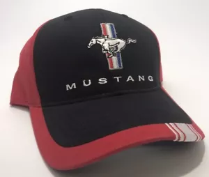 Ford Mustang Hat / Cap - Black & Red W/ Tri Bar Pony Emblem & Racing Stripe - Picture 1 of 5