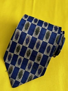 Authentische Krawatte DUNHILL abstraktes Blatt kariertes Design auf marineblau 100 % Seide - Bild 1 von 11