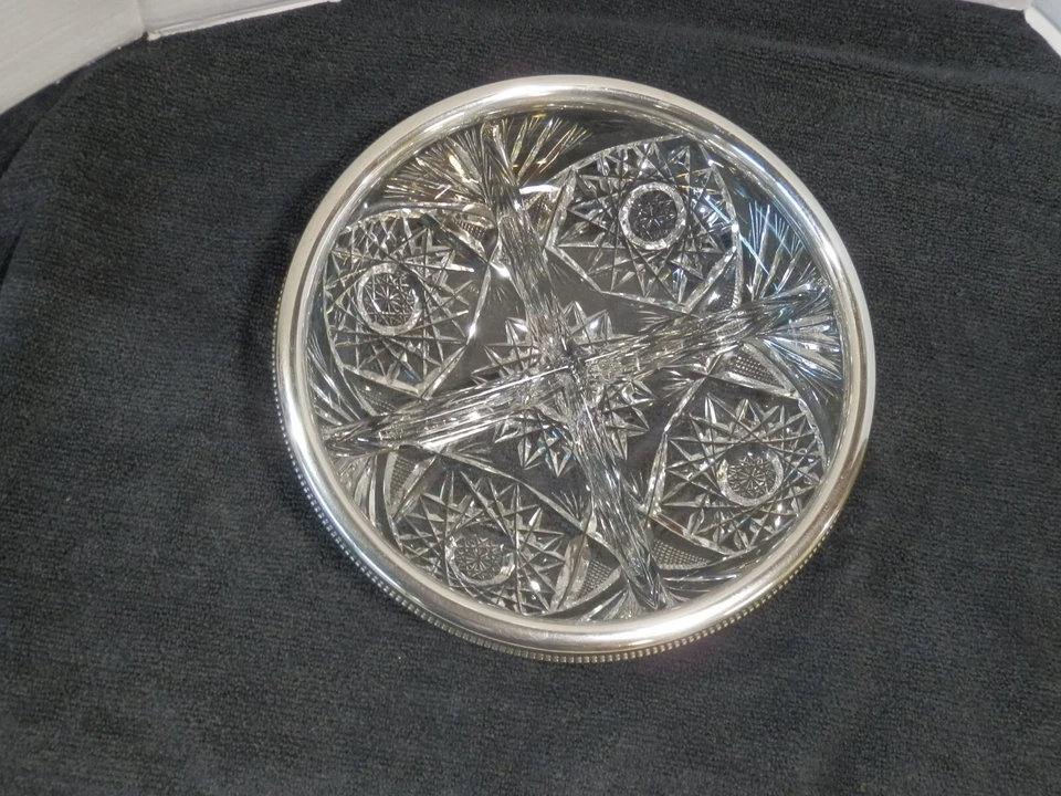  RARO circa 1907 Gorham 8"" cristal de plomo cuenco dividido con borde de plata de ley Foto 1 de 4