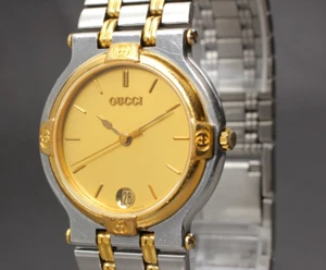 【NEAR MINT】 Gucci 9000M Gold Dial Silver Quartz Men's Vintage Watch From JAPAN - Picture 1 of 10