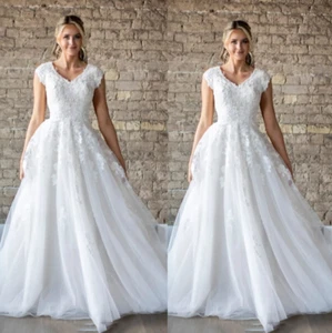 Classic Wedding Dresses Cap Sleeve A-Line Lace Applique Bridal Gowns White Ivory - Picture 1 of 15