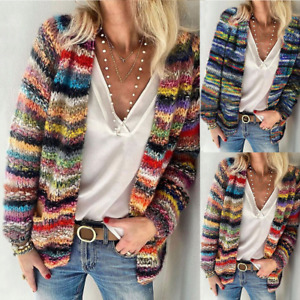 Women's Casual Striped Knit Cardigan Ladies Long Sleeves Sweater Coat Plus Size