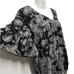 a.n.a Women's S Top Black White Leaf Print Ruffled Sleeve Flowy V Neck Blouse - Picture 1 of 9