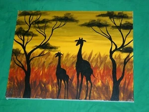 SERENGETI SUNRISE GIRAFFE OIL PAINTING ORIGINAL ART TANZANIA UMBRELLA THORN TREE - Picture 1 of 3