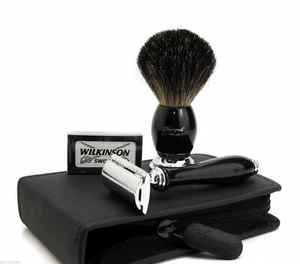 Cepillo de afeitado de cabello tejón para hombre con cremallera de viaje estuche de transporte y afeitadora de afeitar - Imagen 1 de 6