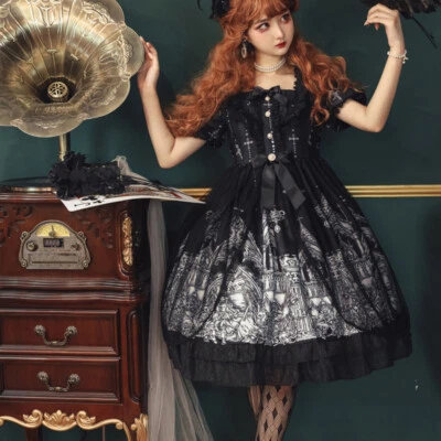 Fille Dame Ruche Robe Midi Steampunk Fête Dentelle Manche Courte Rétro Cute Mode - Photo 1/4