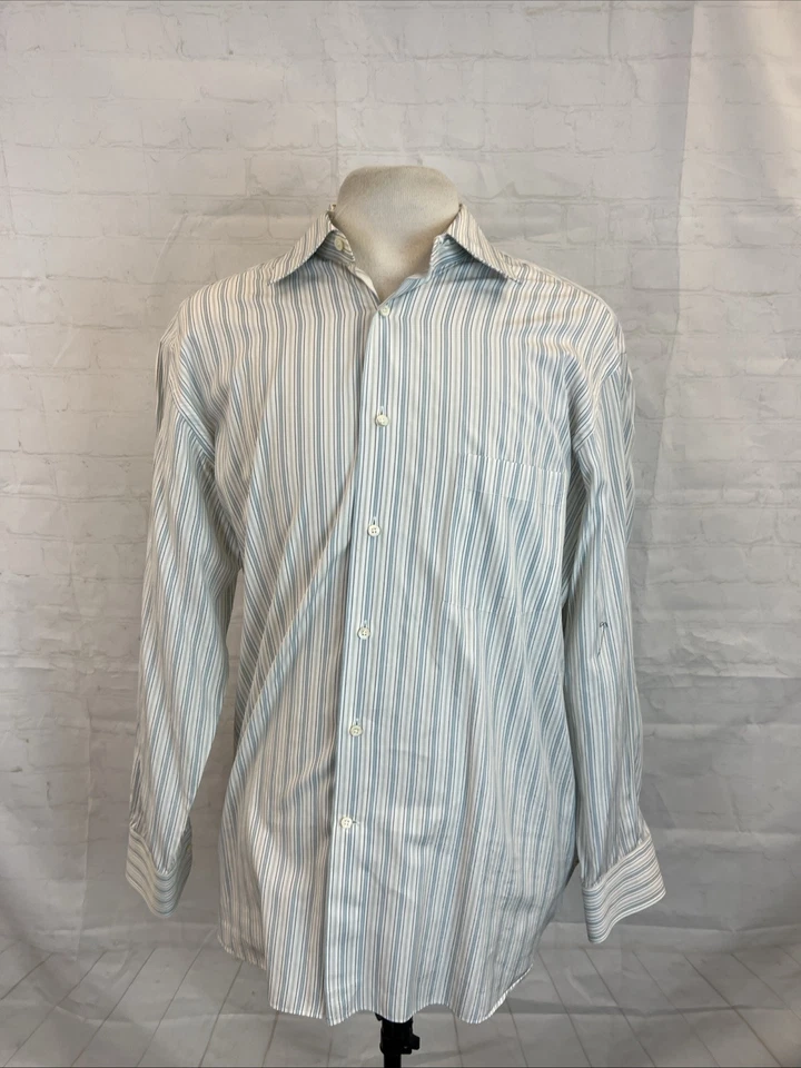 Camisa de vestir Ermenegildo Zegna de algodón a rayas blanca marrón y azul para hombre 17-44 $295 Foto 1 de 4
