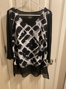 Lane Bryant 14 16 Top Black White 3/4 Sleeve Blouse Shirt  - Picture 1 of 6