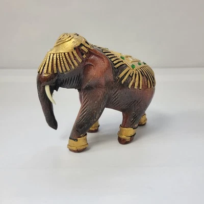 Estatuilla de elefante de madera tallada a mano adornos dorados Jems decoración del hogar acento Foto 1 de 4