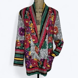 80s 90s La Chemise Floral Abstract Satin Blazer Jacket Sz S Oversized Maximalist - Picture 1 of 15