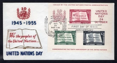 Estados Unidos. Naciones Unidas 1955 FDC 10º Aniversario. Hoja de recuerdo, #38 caché escaso Foto 1 de 2
