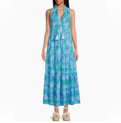 Maxi Vestido Lilly Pulitzer Malone Algodón en Las Olas Aqua Fuerte Current Sea XS Foto 1 de 4