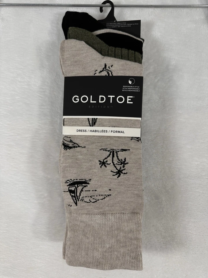 Nuevo paquete de 3 calcetines de vestir GoldToe para hombre 6-12,5 beige verde negro palmeras Foto 1 de 4